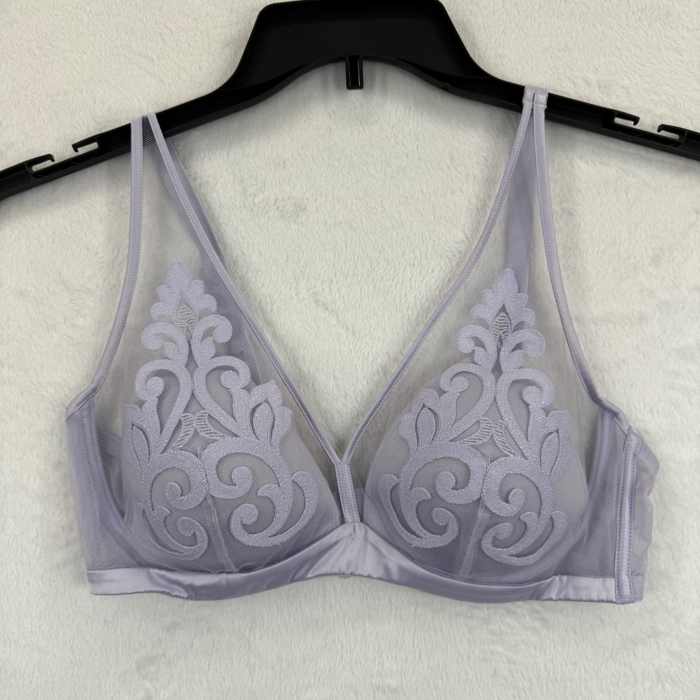 Understance‎ Purple Heather Mauve Bruyere Embroidery Sheer Bra 32DD Lingerie